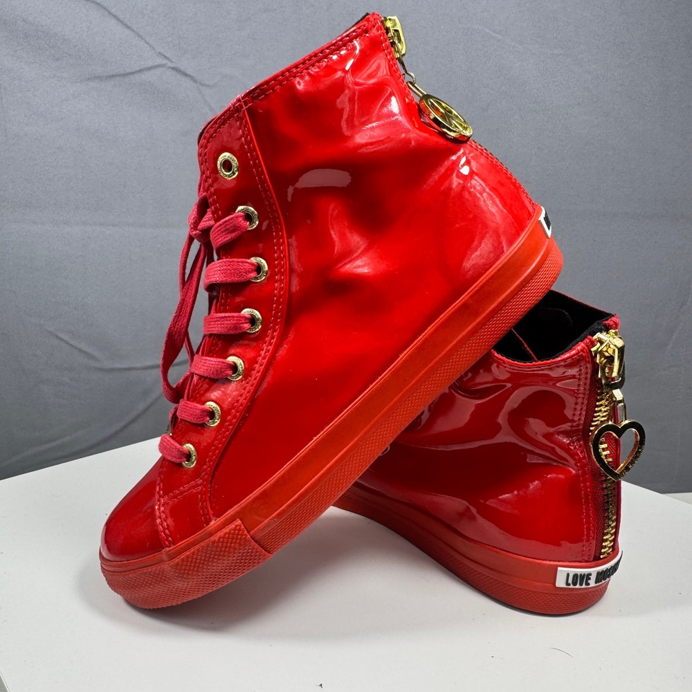 Love Moschino Patent High Top Women's Size 36 5.5 US Red Zip Back Sneaker Shoes